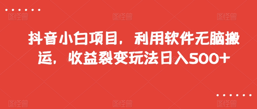 抖音小白项目，利用软件无脑搬运，收益裂变玩法日入500+【揭秘】-连烟牍库