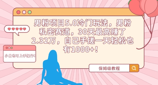 男粉项目5.0冷门玩法，男粉私密赛道，30天最高赚了2.32万，自己手搓一天轻松也有1000+【揭秘】-连烟牍库