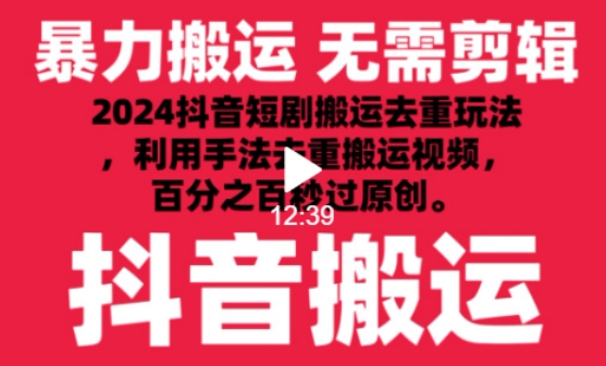2024最新抖音搬运技术，抖音短剧视频去重，手法搬运，利用工具去重，达到秒过原创的效果【揭秘】-连烟牍库