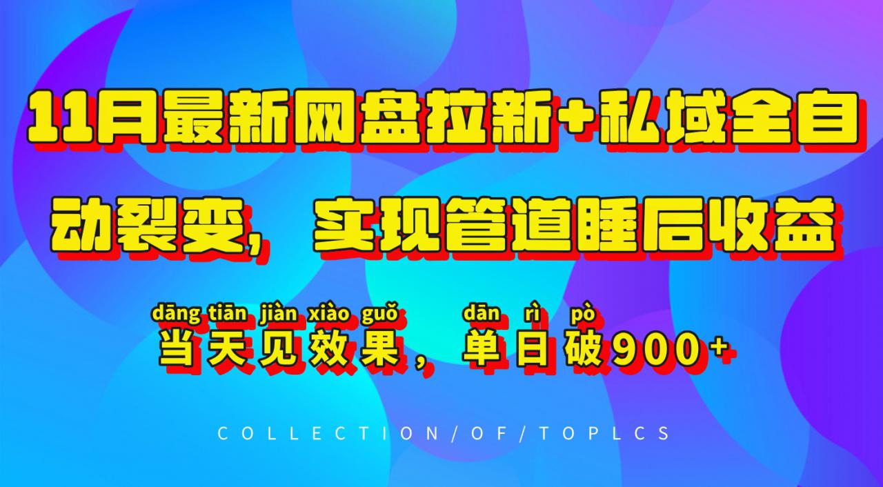 11月最新网盘拉新+私域全自动裂变，实现管道睡后收益，当天见效果，单日破900+-连烟牍库