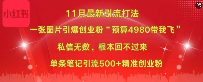 小红书11月最新图片打粉，一张图片引爆创业粉，“预算4980带我飞”，单条引流500+精准创业粉-连烟牍库