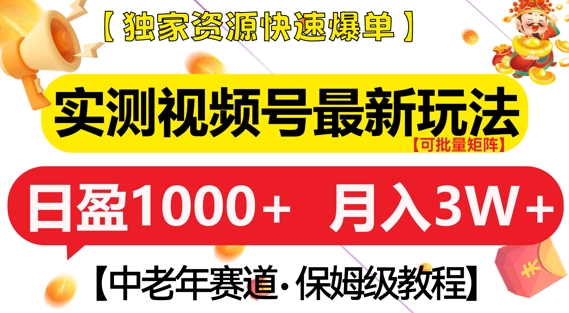 实测视频号最新玩法，中老年赛道，独家资源，月入过W+【揭秘】-连烟牍库