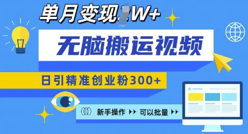无脑搬运视频号可批量复制，新手即可操作，日引精准创业粉300+，月变现过W 【揭秘】-连烟牍库