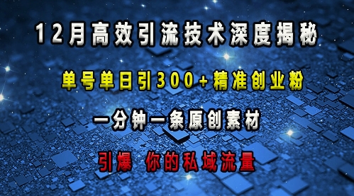 最新高效引流技术深度揭秘 ，单号单日引300+精准创业粉，一分钟一条原创素材，引爆你的私域流量-连烟牍库