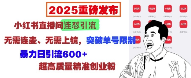 2025重磅发布：小红书直播间连怼引流，无需连麦、无需上镜，突破单号限制，暴力日引流600+-连烟牍库