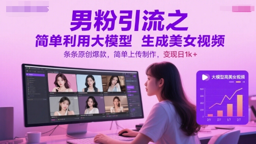 男粉引流之简单利用大模型生成美女视频，条条原创爆款，简单上传制作，变现日1k+-连烟牍库