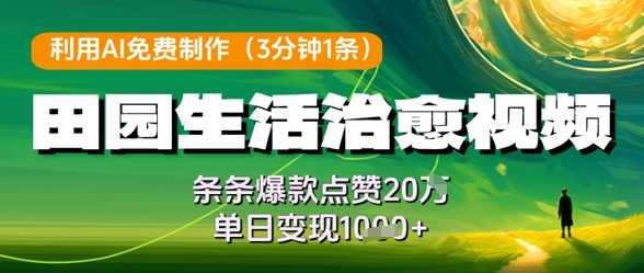 利用AI免费制作田园生活治愈视频，条条爆款点赞20W，单日变现几张-连烟牍库