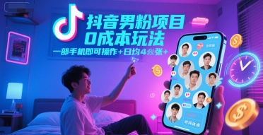 抖音男粉项目0成本玩法，一部手机即可操作，日均4张+，时间自由-连烟牍库