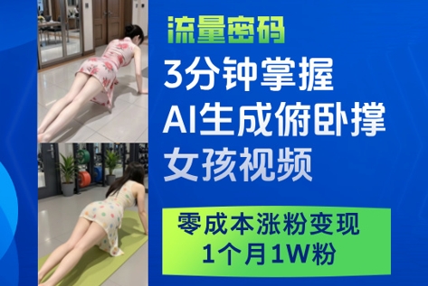 3分钟掌握AI生成俯卧撑女孩视频，零成本涨粉变现，1个月1W粉-连烟牍库