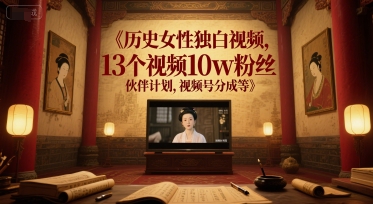 历史女性独白视频，13个视频10w粉丝，伙伴计划，视频号分成等-连烟牍库