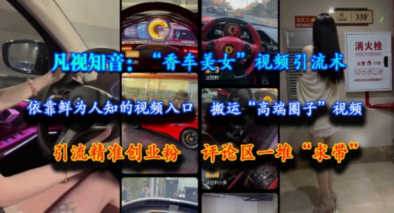 凡视知音：“香车美女”视频引流术，依靠鲜为人知的视频入口，搬运“高端圈子”视频，引流精准创业粉，评论区一堆“求带”-连烟牍库