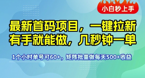 最新首码项目，一键拉新有手就能做，几秒钟一单，1个小时单号可60+，矩阵批量做每天5张【揭秘】-连烟牍库