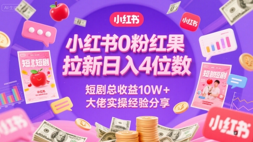 小红书0粉红果短剧拉新日入4位，数短剧总收益10W+大佬实操经验分享-连烟牍库