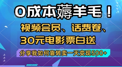 0成本薅羊毛!视频会员、话费卷、30元电影票白送，分享我如何靠转卖一天变现5张+【揭秘】-连烟牍库