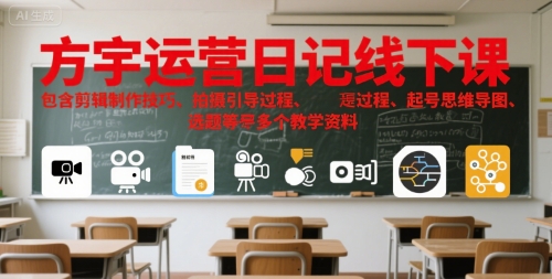方宇运营日记线下课，包含剪辑制作技巧、拍摄引导过程、起号思维导图、选题等多个教学资料-连烟牍库