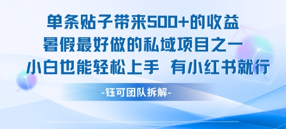 单条贴子带来5张的收益，暑假最好做的私域项目之一，小白也能轻松上手，有小红书就行-连烟牍库