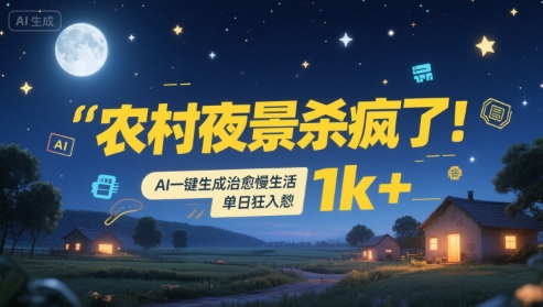农村夜景杀疯了！AI一键生成治愈系慢生活，单日狂入1k+-连烟牍库