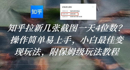 知乎拉新几张截图一天4位数？操作简单易上手，小白最佳变现玩法，附保姆级玩法教程-连烟牍库