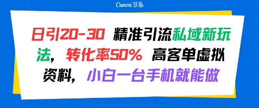 日引 20-30 精准引流私域新玩法，转化率50% 高客单虚拟资料，小白一台手机就能做-连烟牍库