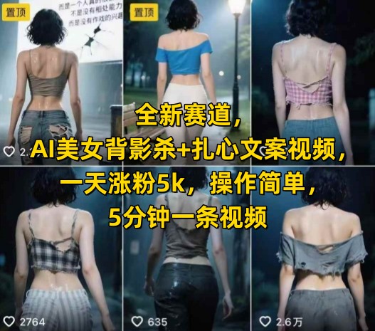 全新赛道，AI美女背影杀+扎心文案视频，一天涨粉5k，操作简单，5分钟一条视频-连烟牍库