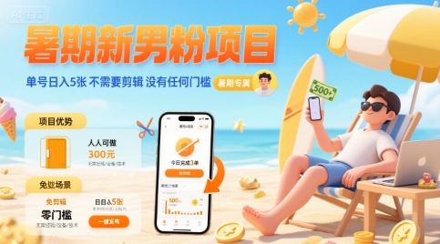 暑期新男粉项目 单号日入5张 不需要剪辑  没有任何门槛-连烟牍库