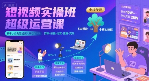 短视频实操班超级运营课，新手小白到短视频大神必修课程，剪辑-拍摄-运营-直播-变现-连烟牍库