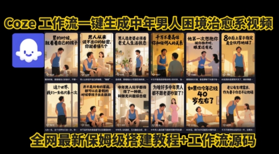 coze工作流一键生成”中年男人困境扎心高涨粉高播放量图文视频”保姆级拆解教程，无需剪辑，无需拍摄写文案-连烟牍库