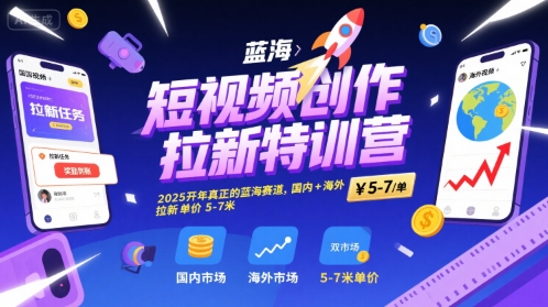 短视频创作拉新特训营，2025开年真正的蓝海赛道，国内+海外，拉新单价5-7米-连烟牍库