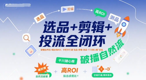 选品+剪辑+投流全闭环，破播自然流+撬动高ROI，手把手打通“选品-剪辑-测品-千川随心推”全链-连烟牍库