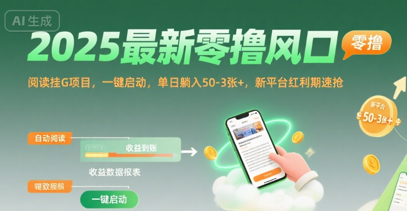 2025最新零撸风口，阅读挂G项目，一键启动，单日躺入 50-3张+，新平台红利期速抢【揭秘】-连烟牍库
